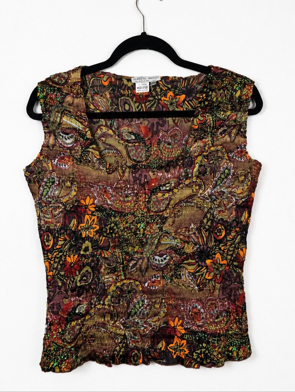 Alberto Makali Crinkle Mesh Floral Paisley Sleeveless Top Y2K Boho Stretch M